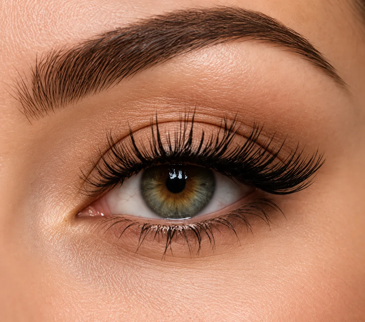 Close-up of shaped brows and full, lifted lashes
