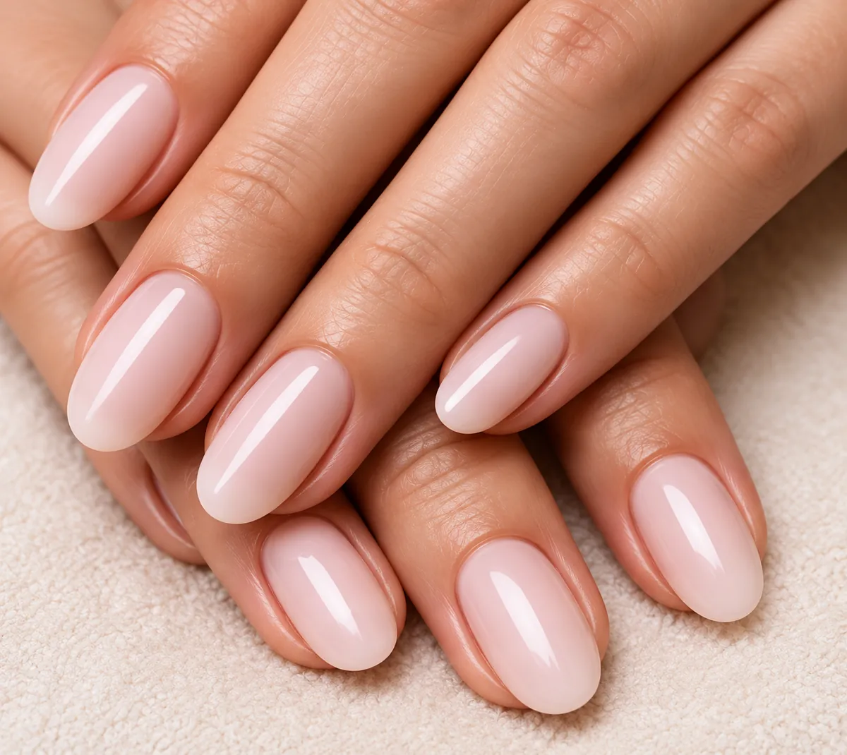 Hands with a glossy, natural pink manicure