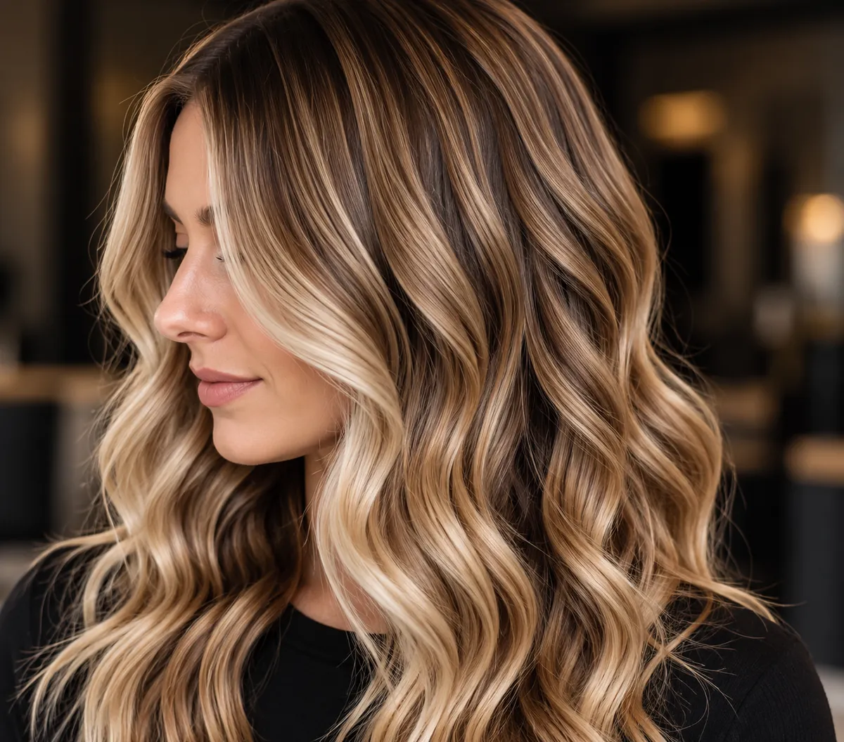 Woman with soft, styled waves and blended highlights