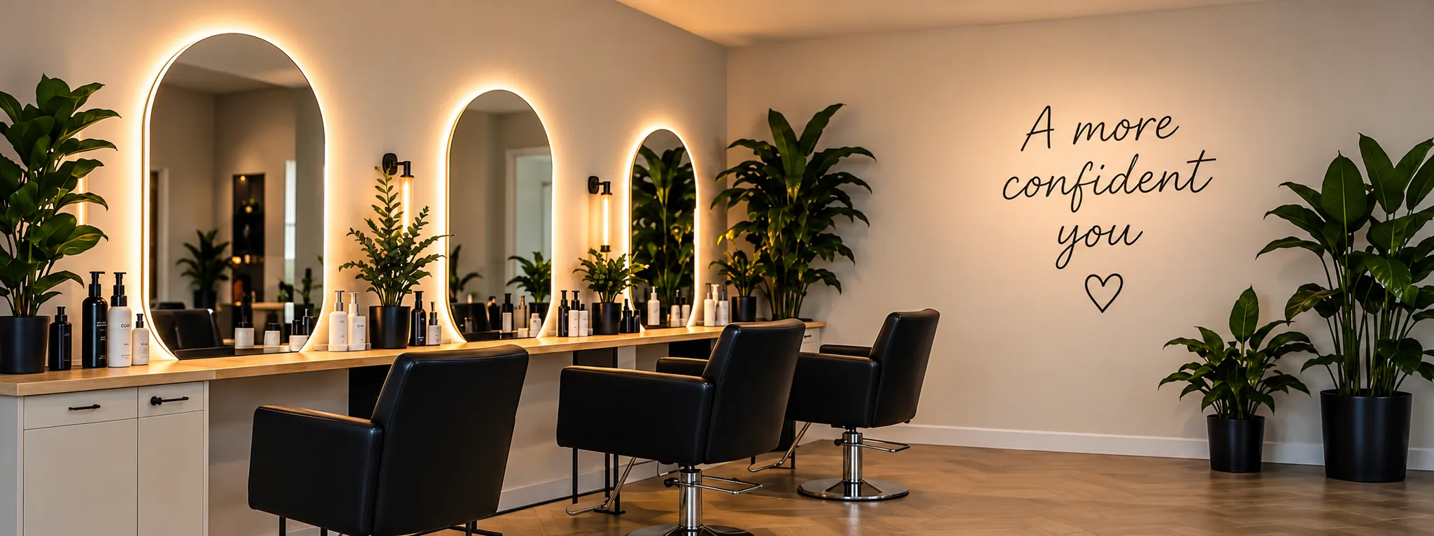 Inside Luna Hair & Beauty, with illuminated mirrors, plants and black styling chairs